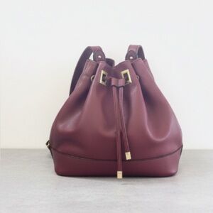 LaTique Purse Backpack Vegan Leather Burgundy Gold Metal Details Preppy Academia